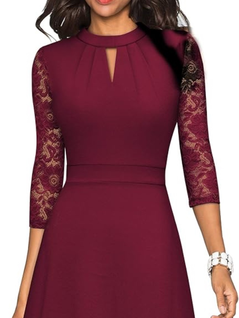 Dress 12 (L) Burgundy Lace 3/4 Sleeves Fit & Flare Knee Length Cocktail Party